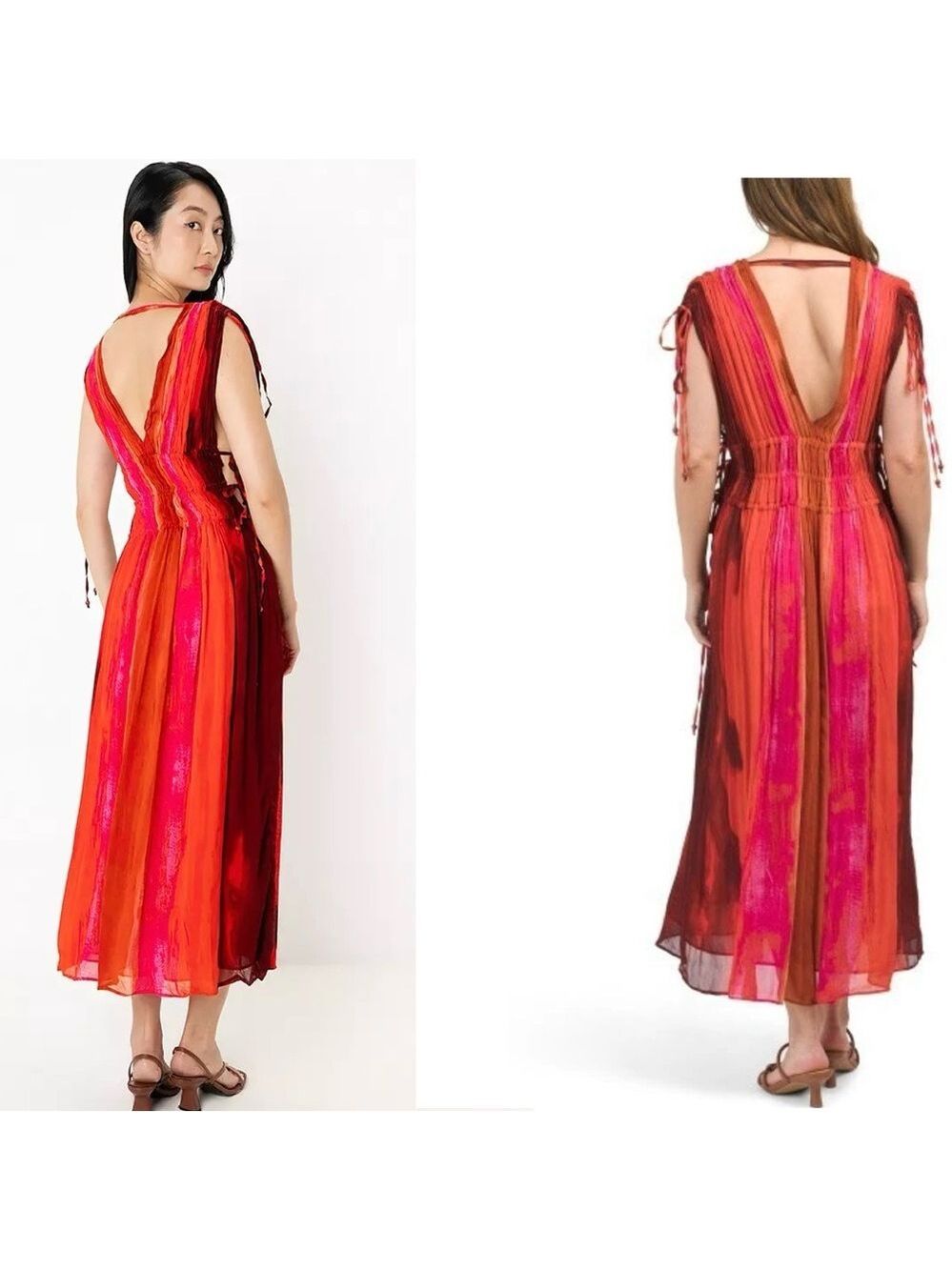 Zara red pink tie-dye BoHo V-neck midi dress Sz M tropical beach vacation NWOT - Picture 6 of 16
